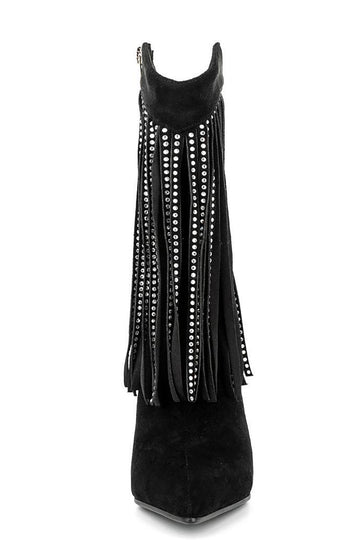 Botines de tacón de aguja con flecos de imitación de ante negro